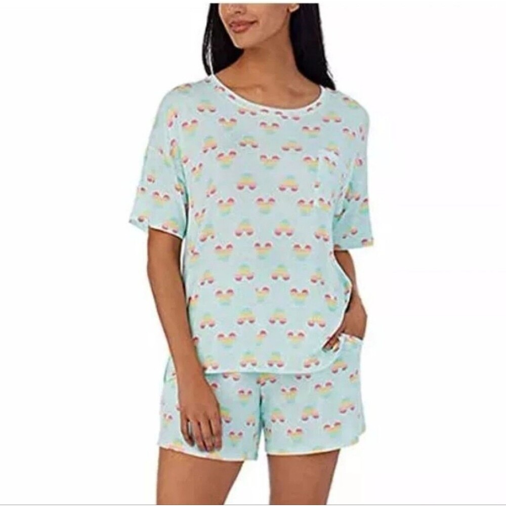Disney Women's Mickey Mouse Short + Tee Pajama Set w/ Pockets Size M Aqua Blue